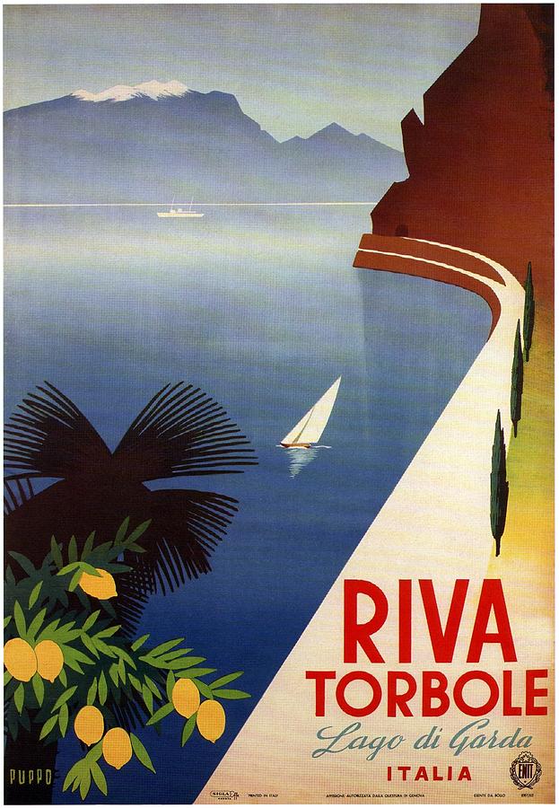 Riva Torbole - View of the Lake Garda in Italy - Illustrated Vintage Poster Painting by Studio Grafiikka