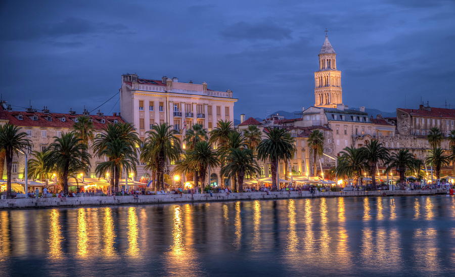 Riva waterfront, houses and Cathedral of Saint Domnius, Dujam, Duje, bell tower Old town by night, Split, Croatia, HDR Photograph by Elenarts - Elena Duvernay photo