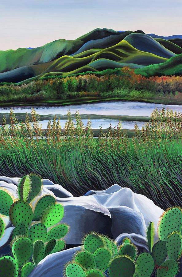 Landscape Painting - River and Cactus by Romy Muirhead