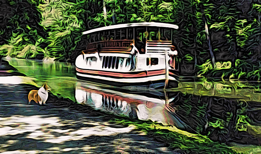 River Boat with Welsh Corgi Digital Art by Kathy Kelly