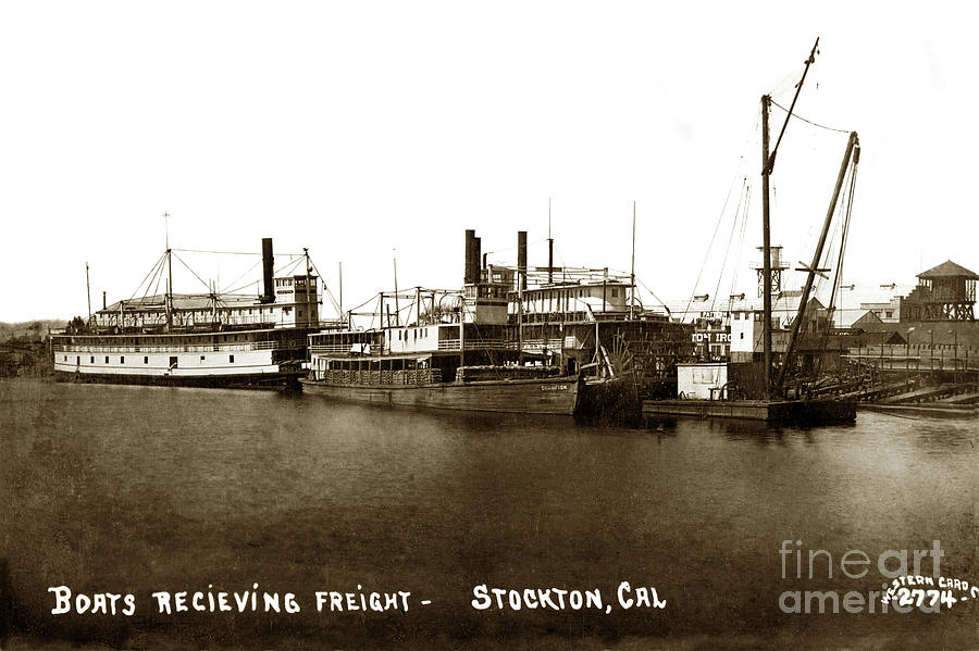 Stockton Photograph - River Boats Receiving Freight - Champion, J. D. Peters, Stockton  1910 by Monterey County Historical Society