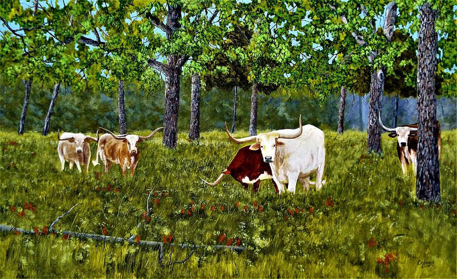 River bottom longhorns  Painting by Michael Dillon