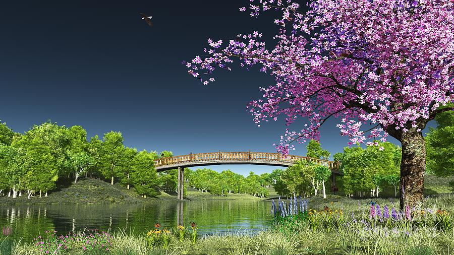 River Bridge Cherry Tree Blosson Digital Art by Walter Colvin