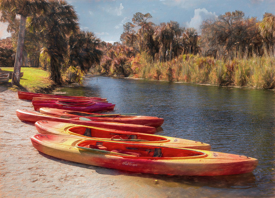 River Kayaks Painting Photograph by Debra and Dave Vanderlaan