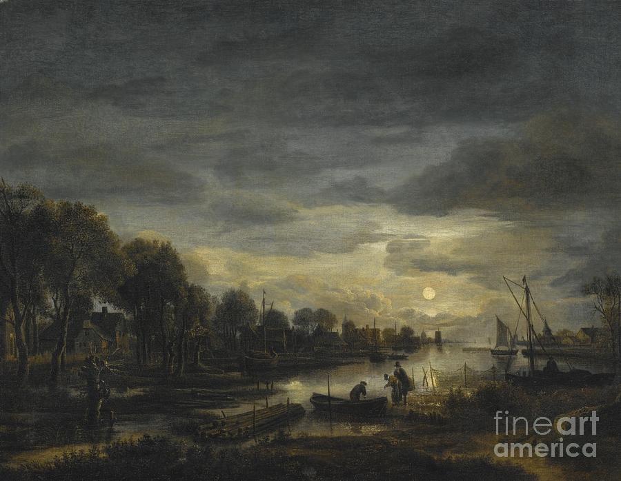 River Landscape By Moonlight Painting by Celestial Images