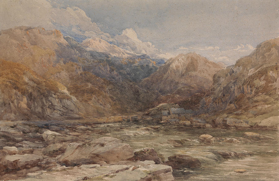 River Landscape in Wales Drawing by David Cox