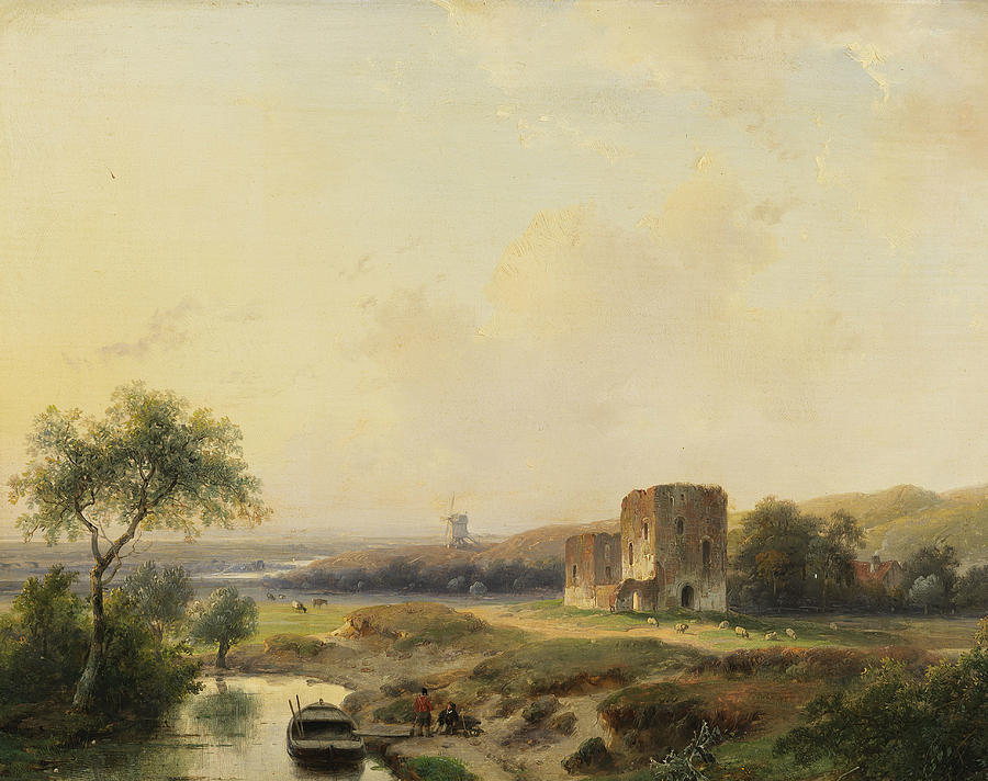 Andreas Schelfhout Painting - River landscape near Haarlem with windmill and the ruins of Brederode by Andreas Schelfhout