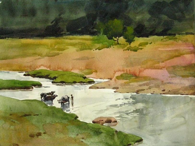 Nature Painting - River Landscape by Snehal Page