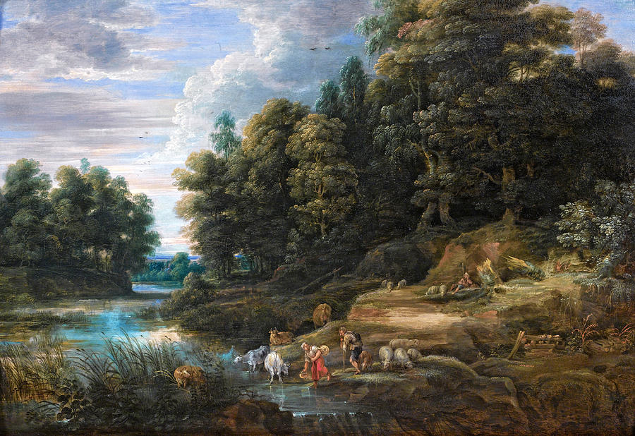 River Landscape with a herder and a woman collecting water Painting by Frans Wouters