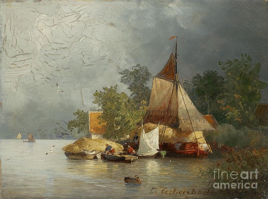River Landscape With Barges Painting by MotionAge Designs