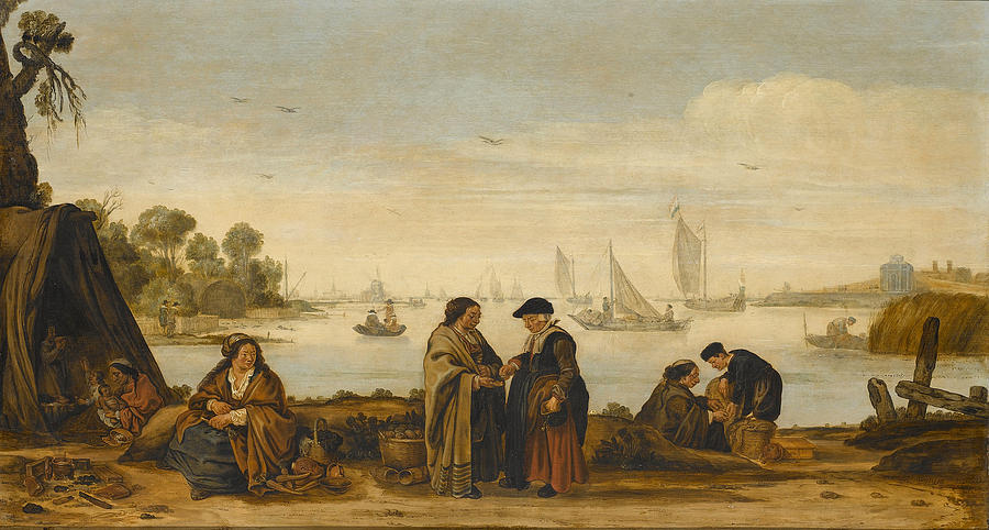 River landscape with palm reading women Painting by Arent Arentsz