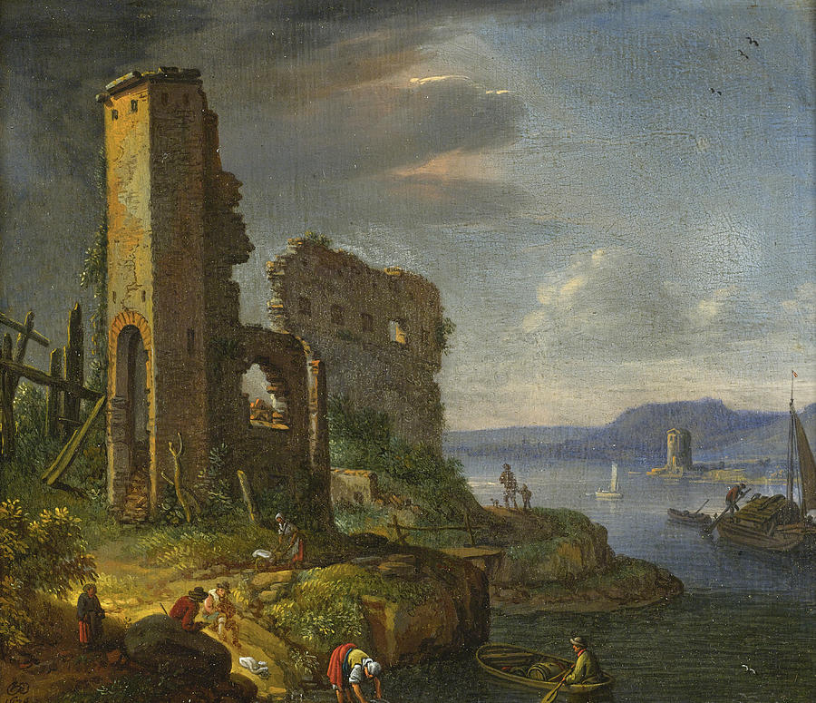 River Landscape with Ruins, Boats and Figures Painting by Herman Saftleven
