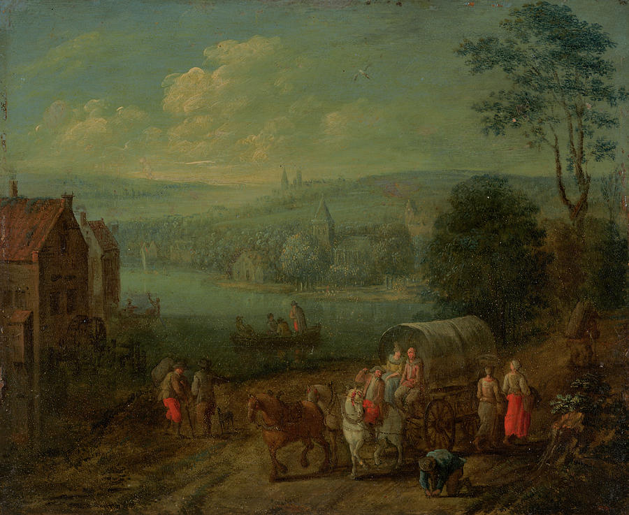 River Landscape with Villages and Travelers Painting by Peeter Gysels