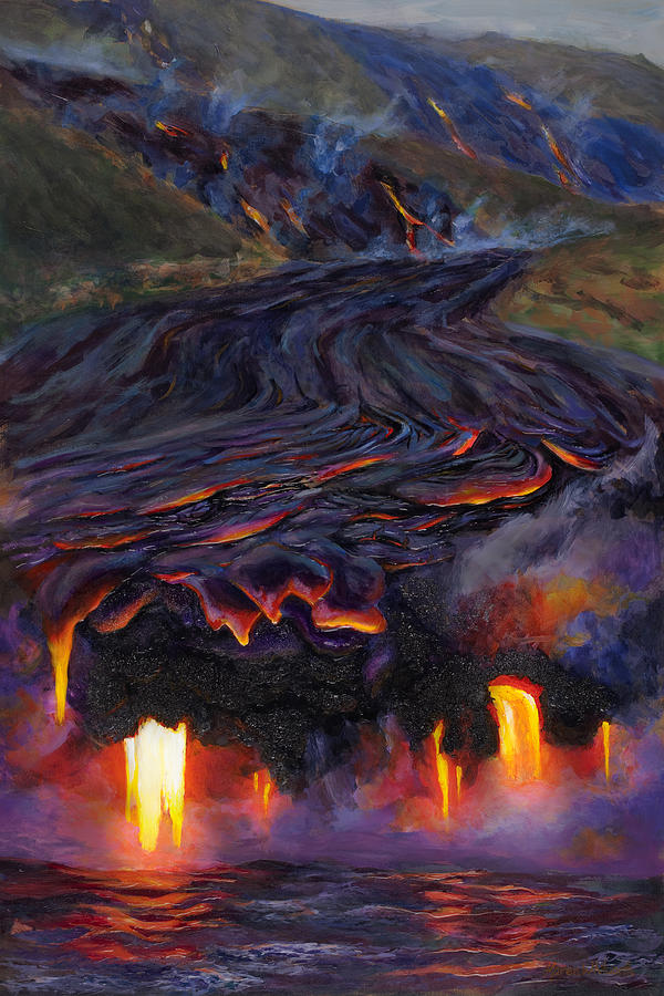 Volcanoes National Park Painting - River of Fire - Kilauea Volcano Eruption Lava Flow Hawaii Contemporary Landscape Decor by K Whitworth
