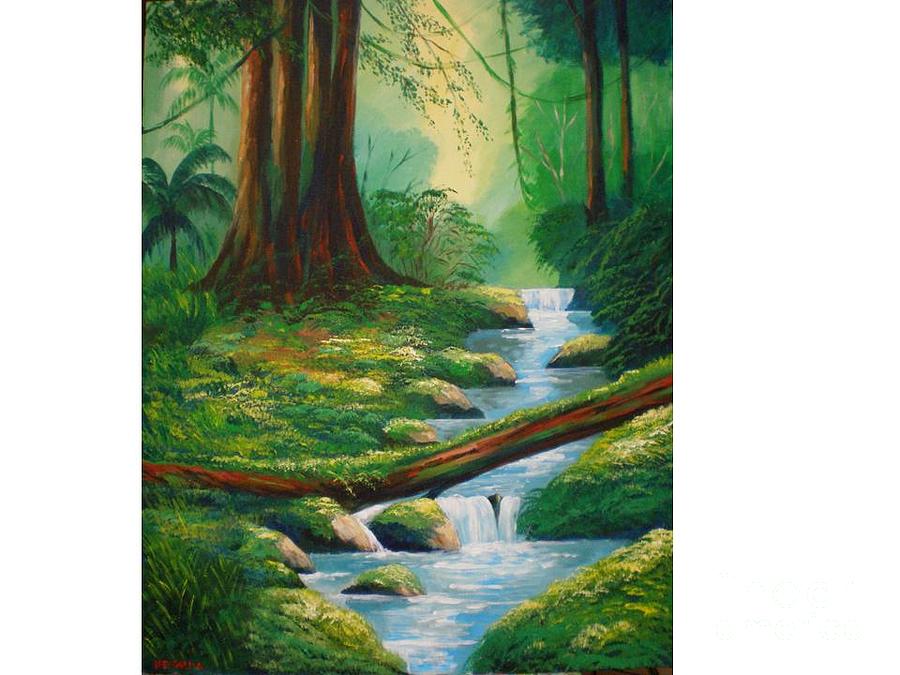 River on te rain forest Painting by Jean Pierre Bergoeing