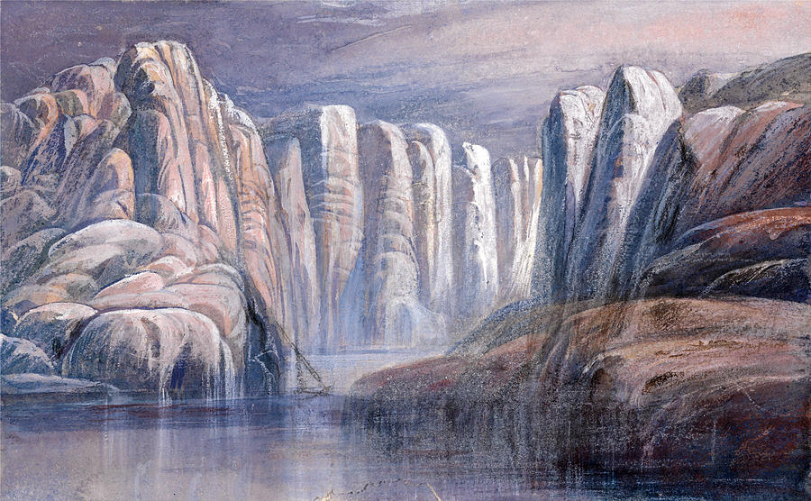 River Pass Between Barren Rock Cliffs Drawing by Edward Lear