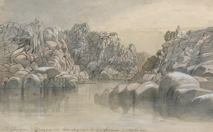 River pass between semi barren rock cliffs Drawing by Edward Lear