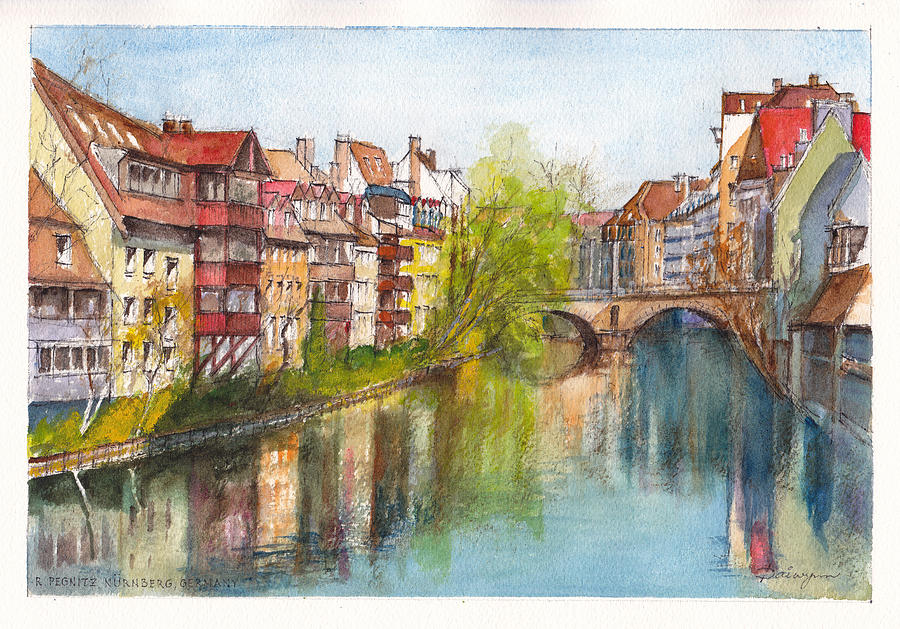 River Pegnitz in Nuremberg Old Town Germany Painting by Dai Wynn