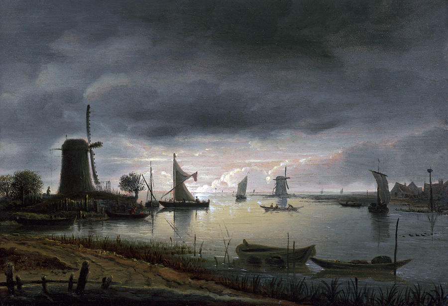 River Scene with Windmill and Boats, Evening Painting by Anthonie van Borssom
