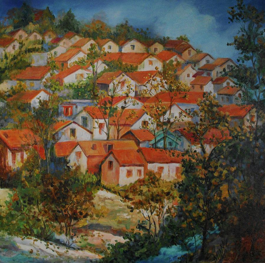 Village Painting - River Village by L R B