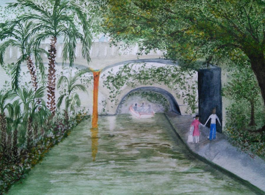 River walk, beyond umbrellas Painting by Susan Nielsen