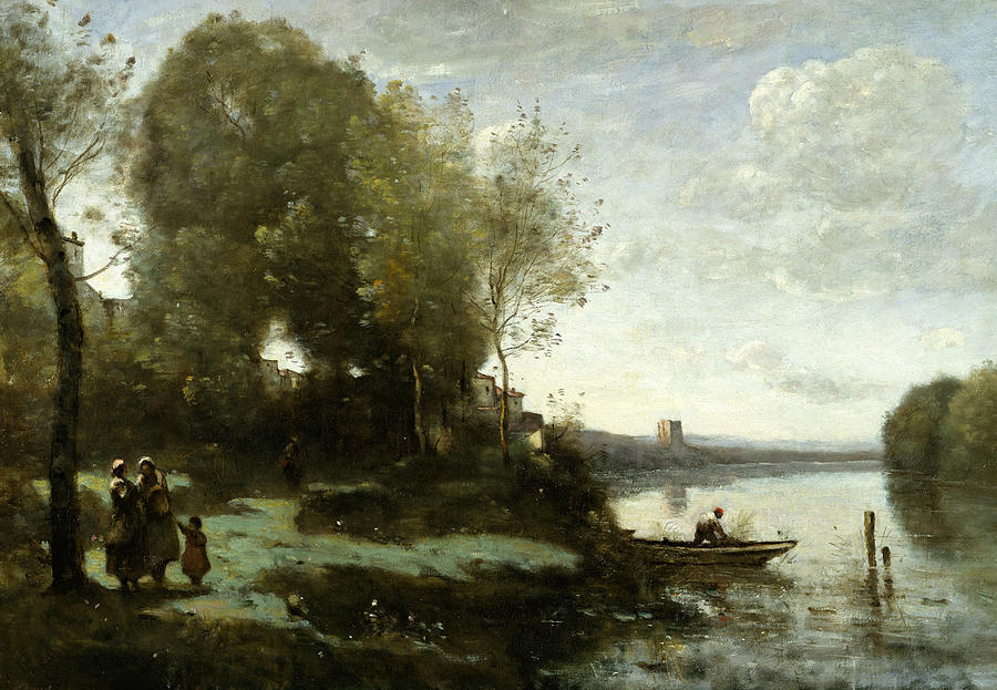 River with a Distant Tower Painting by Jean-Baptiste-Camille Corot