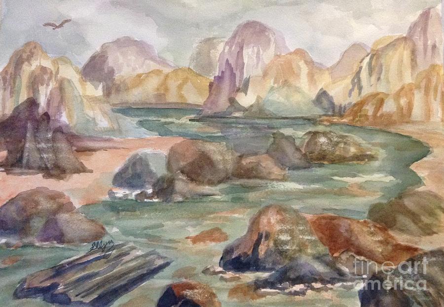 Riverbed Through Rocky Canyon  Painting by Ellen Levinson