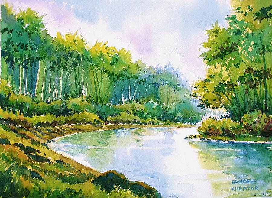 Riverside Bamboos Painting by Sandeep Khedkar - Fine Art America