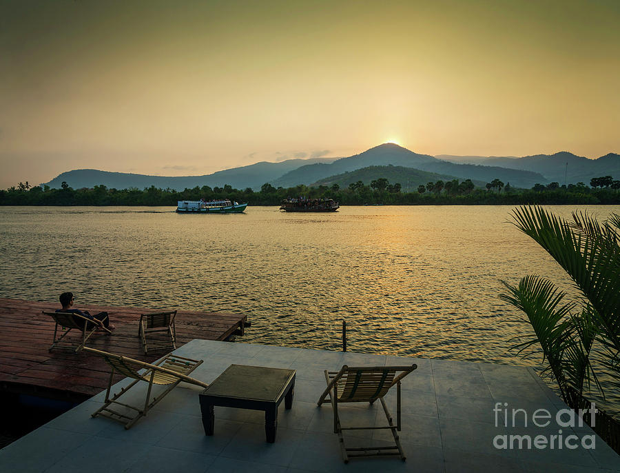 Riverside Sunset View In Kampot Cambodia Asia With Deck Chairs Photograph by JM Travel Photography