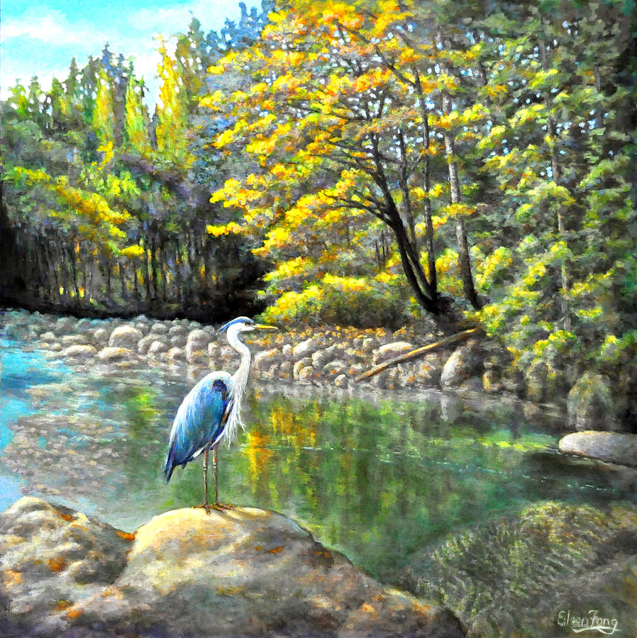 Riverside Wonders with the Great Blue Heron Painting by Eileen  Fong