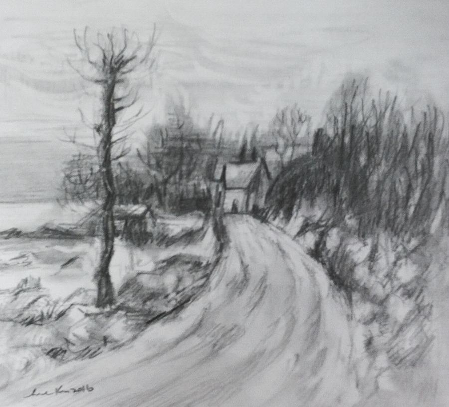 Road to giverny in winter  Drawing by Hae Kim