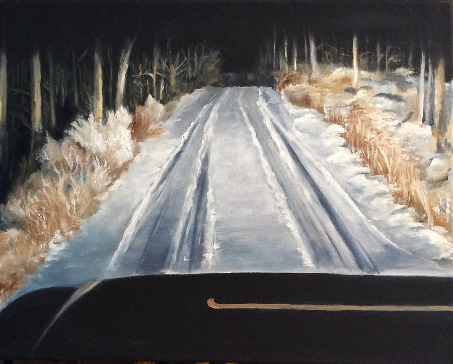 Road to the cabin at night Painting by Ellen Canfield