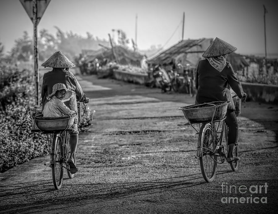 Road to Thinh Long Beach BW 2 Women Child Bicycle  Photograph by Chuck Kuhn
