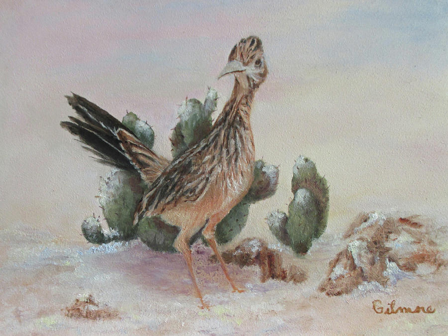 Roadrunner in Snow Painting by Roseann Gilmore