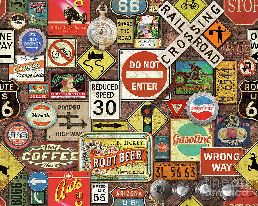 Roads Signs on Brick-JP3957 Painting by Jean Plout