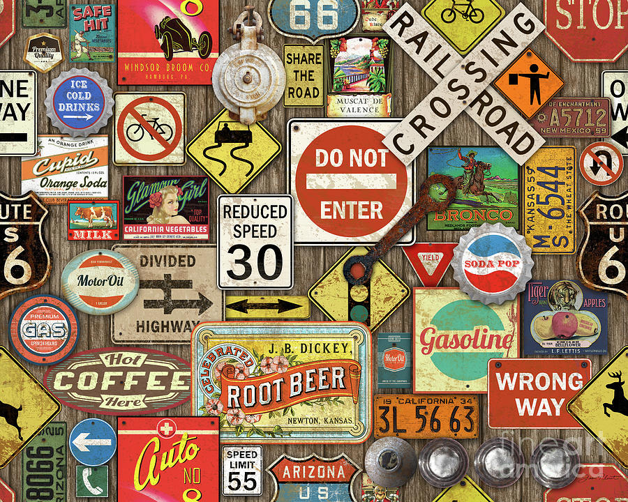 Roads Signs on Wood-JP3958 Painting by Jean Plout