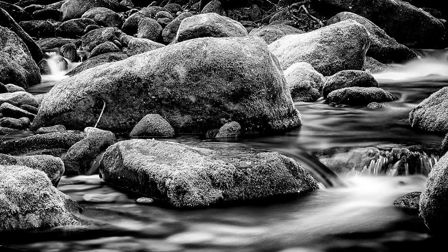 Roaring Fork Mossy Rock - Classic BW Photograph by Stephen Stookey