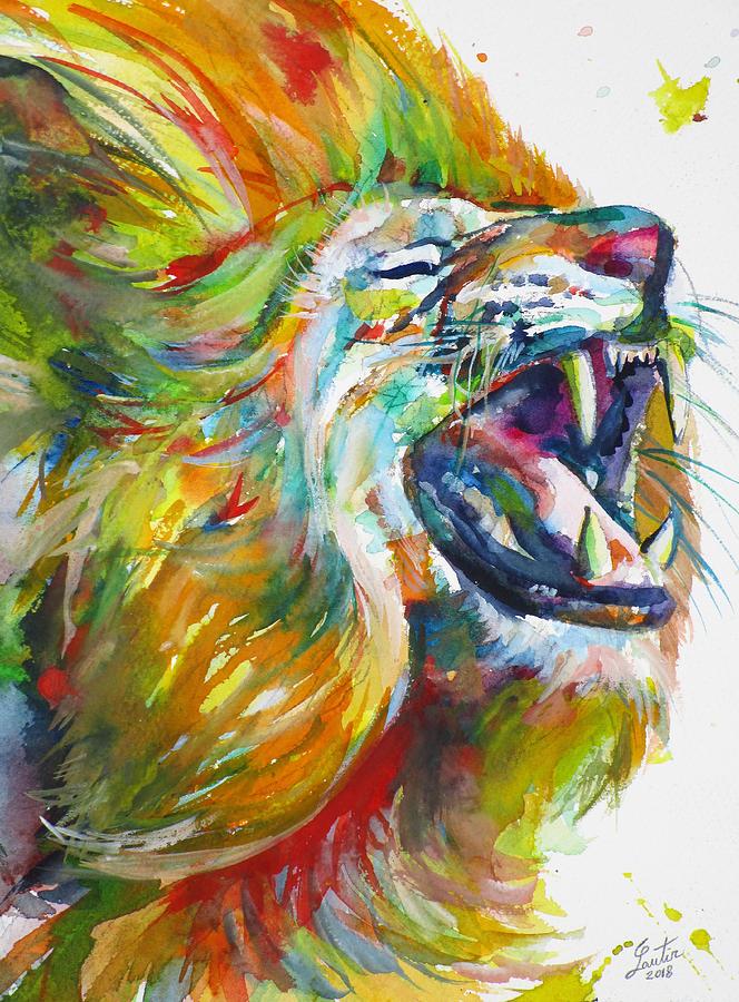 ROARING LION - watercolor portrait Painting by Fabrizio Cassetta
