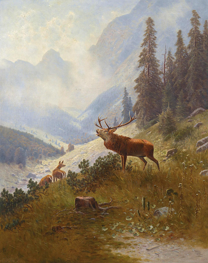 Roaring Stag in the mountains Painting by Ludwig Skell