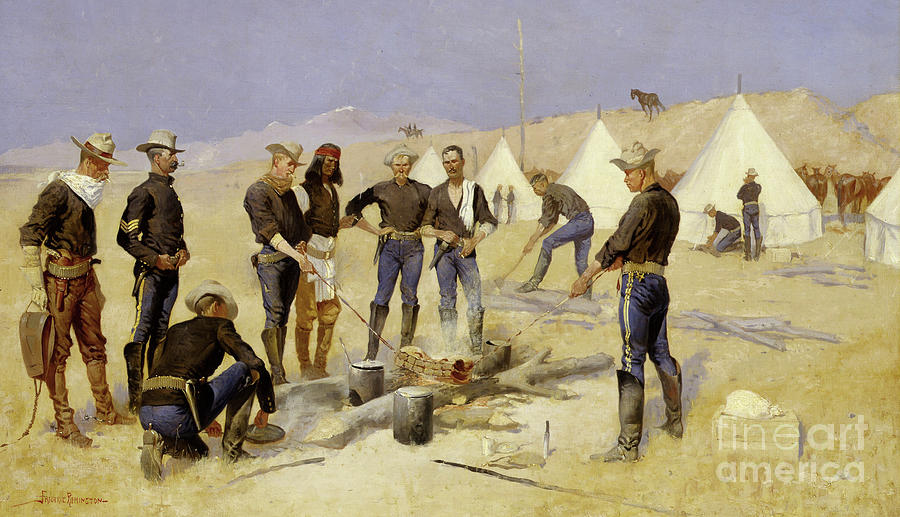 Frederic Remington Painting - Roasting the Christmas Beef in a Cavalry Camp, 1892 by Frederic Remington