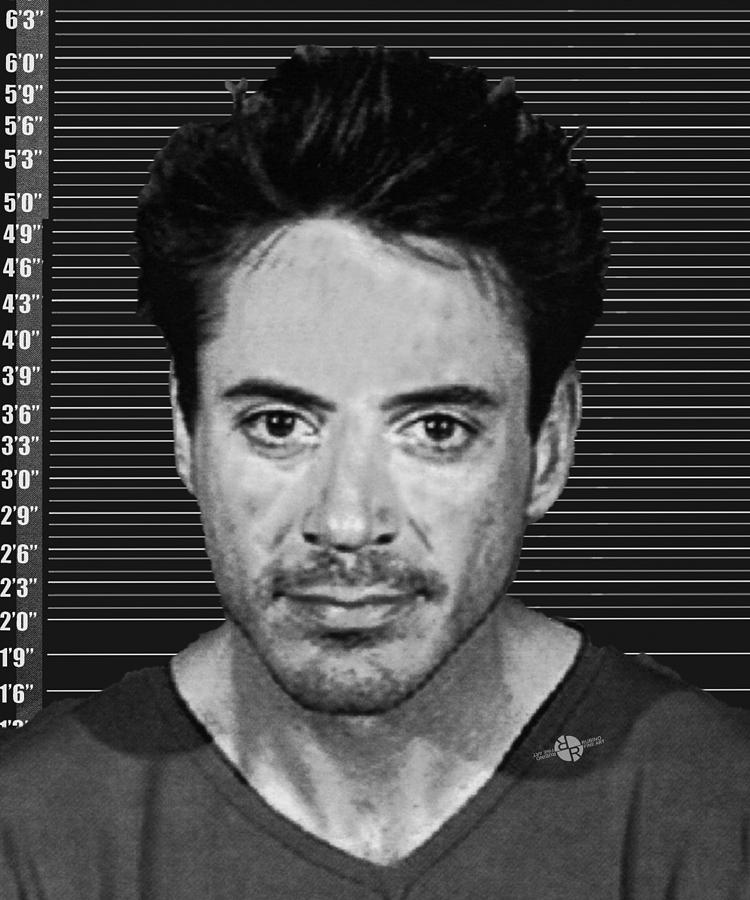 Robert Downey Jr Mug Shot 2001 Black And White Painting by Tony Rubino