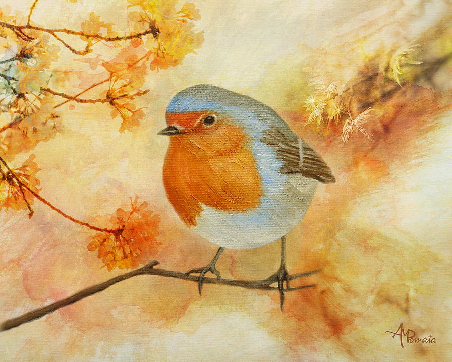 Robin Painting - Robin Among Flowers by Angeles M Pomata