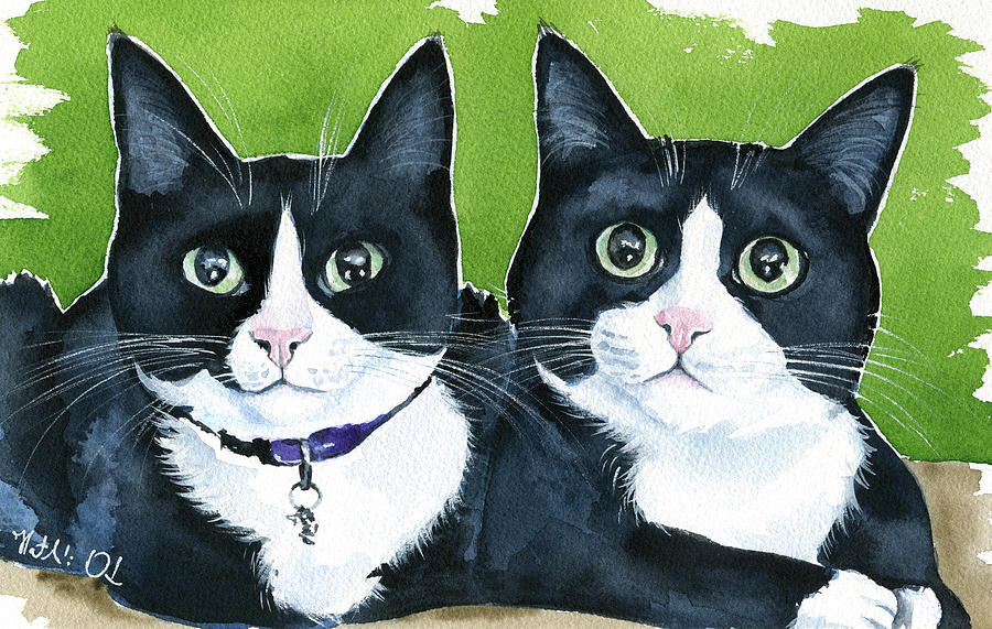 Cat Painting - Robin and BatCat - Twin Tuxedo Cat Painting by Dora Hathazi Mendes