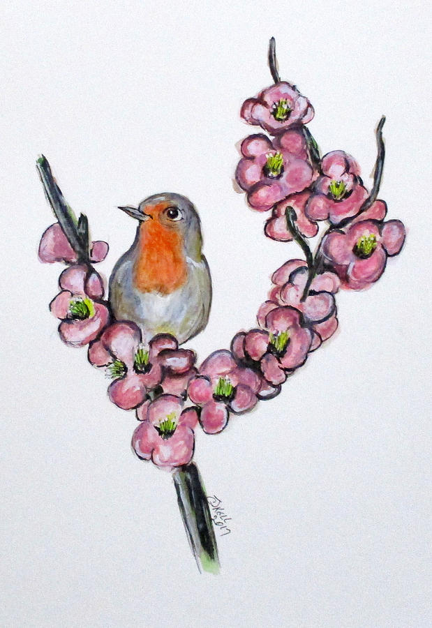 Robin And Peach Blossoms Painting by Clyde J Kell