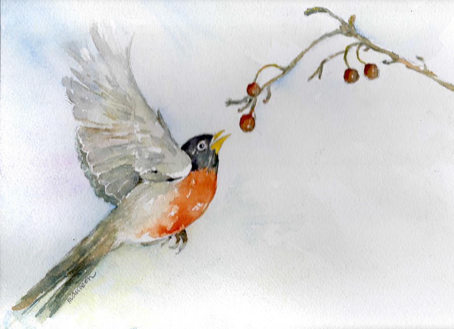Robin in Flight Painting by Maureen Moore