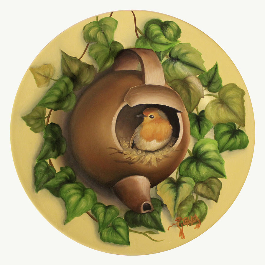 Robin in Nest on a Teapot surrounded by Ivy leaves Painting by Catalina
