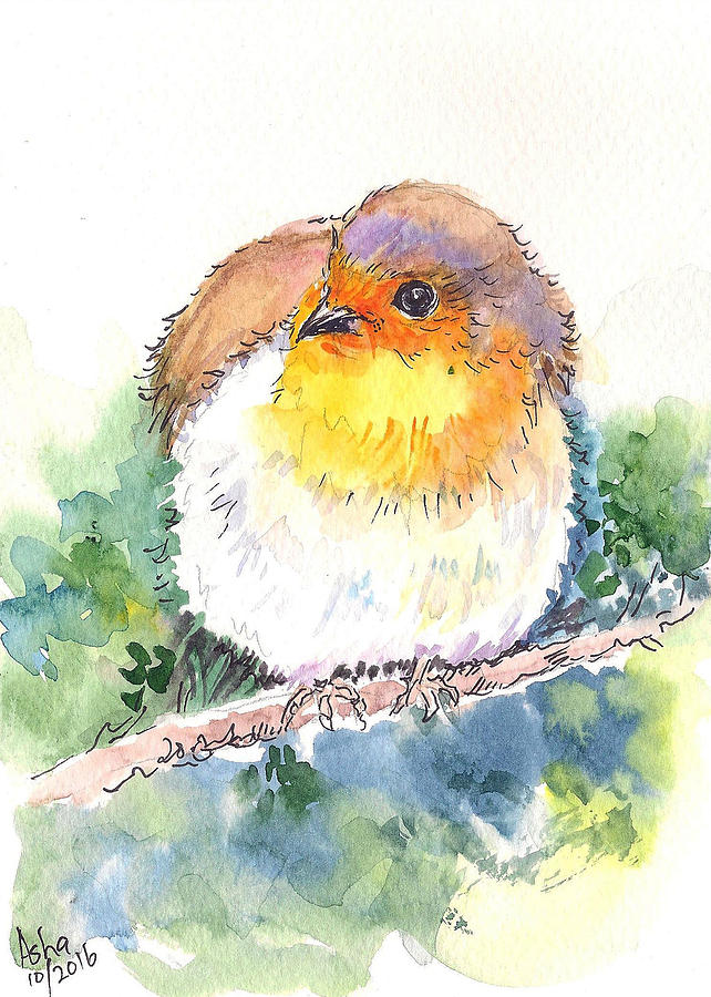 Robin on the branch Painting by Asha Sudhaker Shenoy