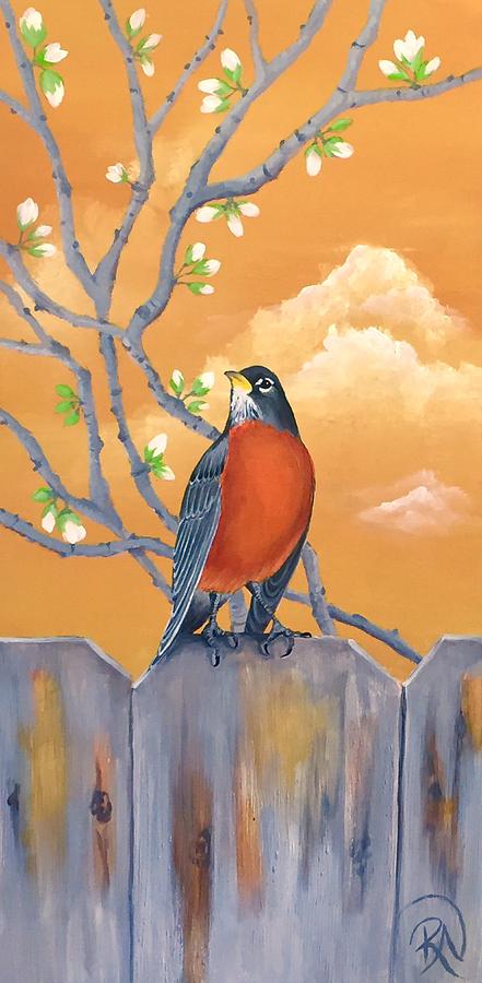 Robin Perched on Fence #1 Painting by Renee Noel