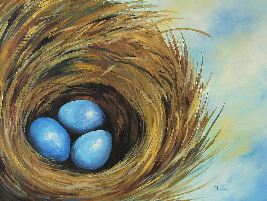 Robins Three Eggs II Painting by Torrie Smiley