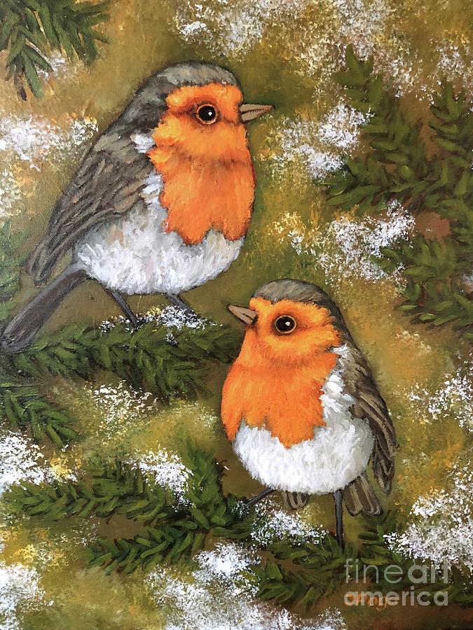 Robins, winter couple Painting by Inese Poga
